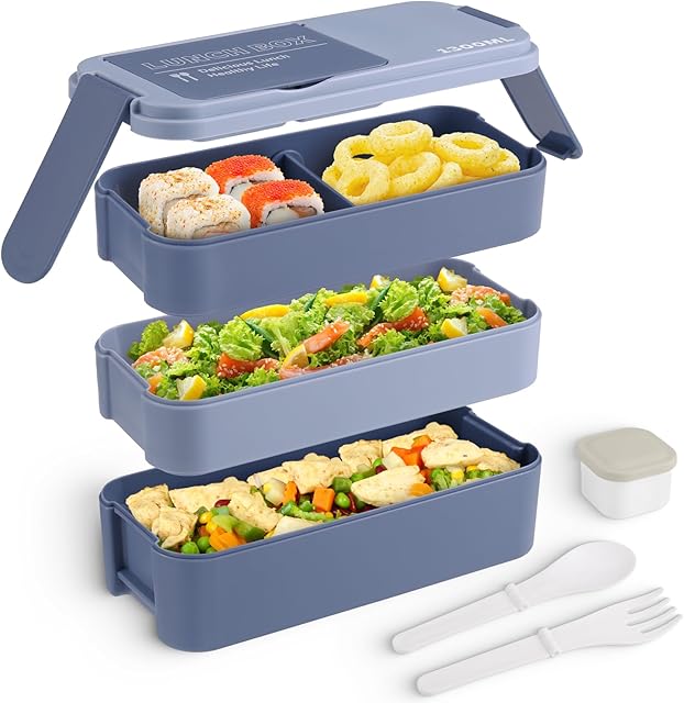 Bento Box Adult Lunch Box, Stackable 3 Layers Lunch Containers for Kids, Portable Bento Lunch Box with Utensils, 44 Oz/5 Cup, Blue