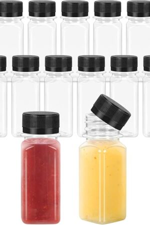 15Pcs 2 OZ Mini Plastic Bottles with Lids, Reusable Small Juice Shot Bottles with Caps, Tiny Liquid Containers for Juicing Drinks, Milk, Ginger or Other Beverages (Square, Black Cap)