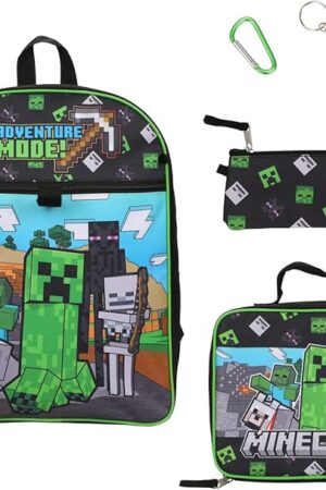 BIOWORLD Minecraft Adventure Mode 5-Piece Backpack Set (Little Big Kid), Green, One Size