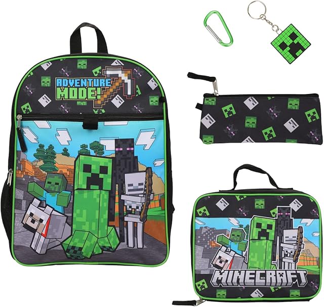 BIOWORLD Minecraft Adventure Mode 5-Piece Backpack Set (Little Big Kid), Green, One Size