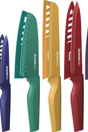 Astercook Knife Set, 12 Pcs Color-Coded Kitchen Knives Set, 6 Color Anti-Rust Coating Stainless Steel Chef Knife Sets with 6 Blade Guards Dishwasher Safe