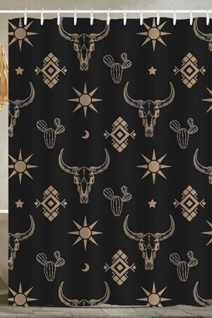 Western Aztec Shower Curtain for Bathroom Boho Cactus Bull Skull Cow Longhorn Skullhead 72x72 Inch Black Shower Curtains Western with Hooks Waterproof Polyester Curtain (Black Gold Bull Skull)