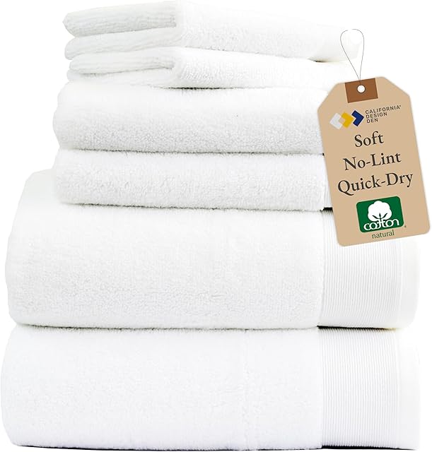California Design Den Extra Soft & Fluffy 100% Cotton Towels - 6 Piece Towel Set, Quick Dry Towel & Highly Absorbent, Hotel Bath Towel Set - 2 Bath Towels, 2 Hand Towels & 2 Washcloths (White)