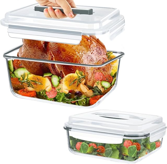 203oz & 74oz Extra Large Glass Food Storage Containers with Lids, 2 Piece Airtight Big Glass Containers, Leak-proof, BPA-Free Lids with Carry Handle, Freezer Safe