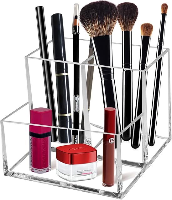 Clear Acrylic Makeup Brush Organizer Cosmetic Brushes Storage Holder 3 Slots for Desk for Vanity