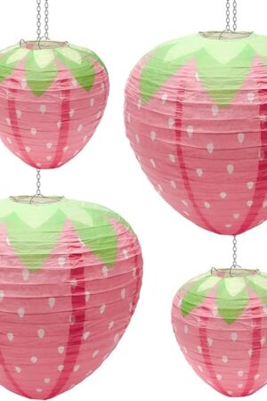 4 PCS Strawberry Paper Lantern Pink, Windspeed Large Strawberry Lantern Decorations Hanging Paper Lantern for Strawberry Party Decor 3D Strawberry Paper Lanterns 8 inch, 12 inch
