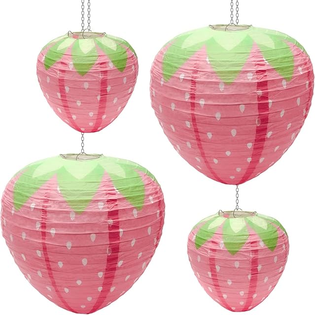 4 PCS Strawberry Paper Lantern Pink, Windspeed Large Strawberry Lantern Decorations Hanging Paper Lantern for Strawberry Party Decor 3D Strawberry Paper Lanterns 8 inch, 12 inch