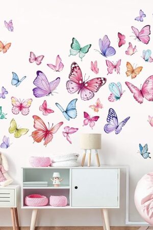 wondever Watercolor Butterfly Wall Stickers Colorful Butterflies Peel and Stick Wall Art Decals for Girls Bedroom Baby Nursery