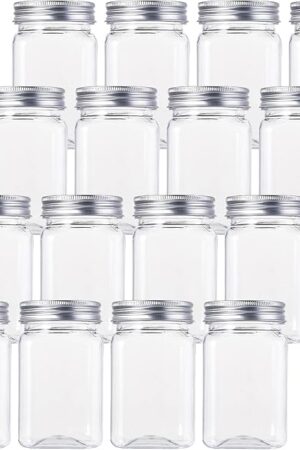 Bekith 12oz Clear Plastic Jars with Lids, Set of 16 Airtight Container for Food Storage, Refillable Square Empty Plastic Jars for Dry Food, Peanut Butter, Honey and Jam Storage