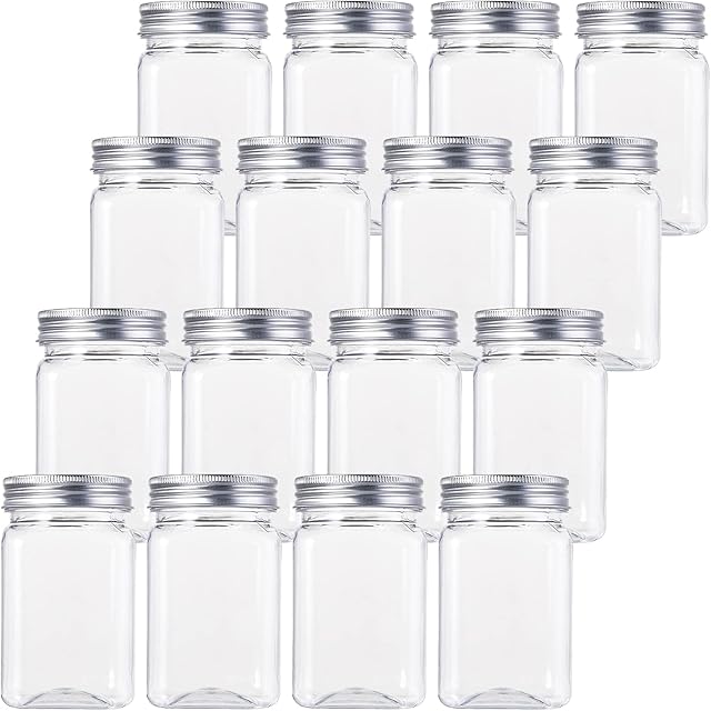 Bekith 12oz Clear Plastic Jars with Lids, Set of 16 Airtight Container for Food Storage, Refillable Square Empty Plastic Jars for Dry Food, Peanut Butter, Honey and Jam Storage