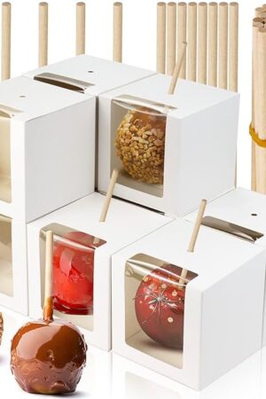 BadenBach 40 Pack Kraft Candy Apple Box with Sticks,4" x 4" x 4",Caramel Apple Box Kit Chocolate Cake Treat Boxes with Clear Window for Halloween,Festival,Wedding,Party,Baby Shower (White)