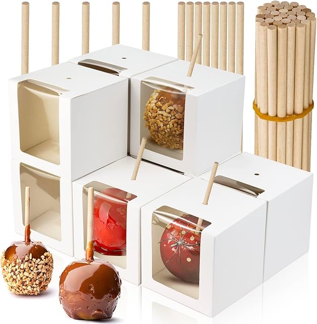 BadenBach 40 Pack Kraft Candy Apple Box with Sticks,4" x 4" x 4",Caramel Apple Box Kit Chocolate Cake Treat Boxes with Clear Window for Halloween,Festival,Wedding,Party,Baby Shower (White)