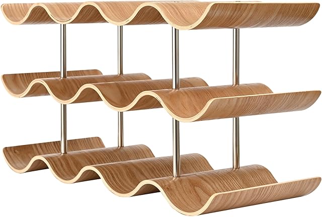 Countertop Wine Rack - 12 Bottle Freestanding Wine Bottle Holder Stand - 3 Tier Wooden Wine Storage Rack - Wavy Wine Organizer for Cabinet Pantry Home Kitchen Bar