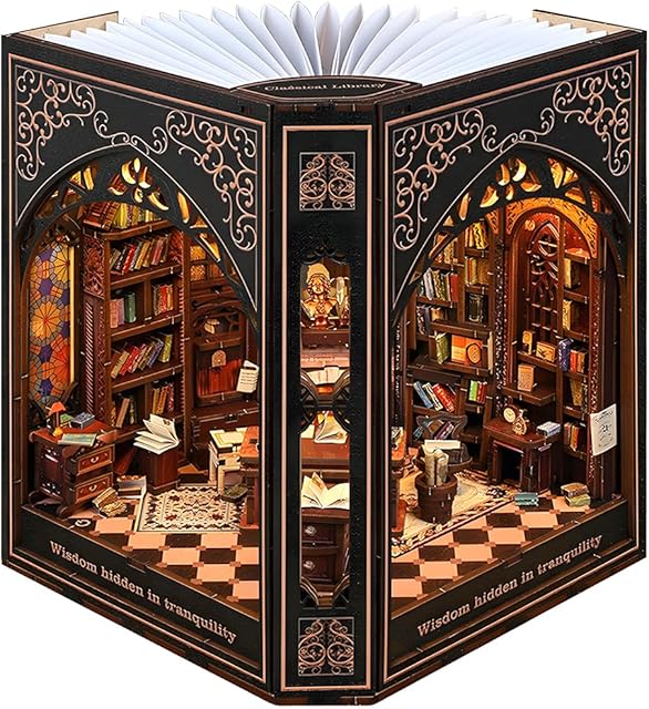 Book Nook Kit with Nightlight – Type-C and Battery Powered DIY Bookshelf Decor, Perfect for Home and Office Gift(Classical Library)