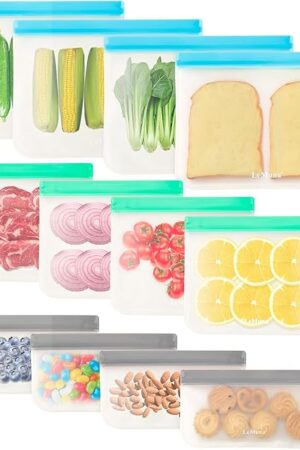 12 Pack Reusable Food Storage Bags - BPA-Free, Leakproof Food Bags - Includes 4 Gallon, 4 Sandwich, and 4 Snack Bags - Ideal Solution for Safe and Convenient Freezer Storage.