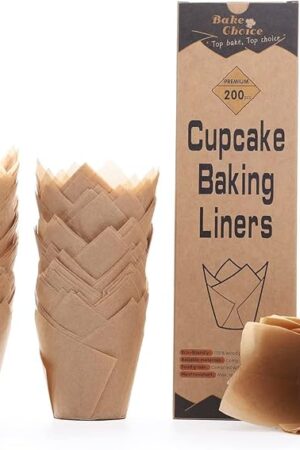 200pcs Natural Tulip Cupcake Liners for Baking Cups Unbleached European Parchment paper Tulip Muffin Liners, Cupcake Wrapper for Party, Christmas