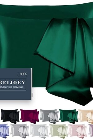 100% Mulberry Silk Pillowcase 2 Pack for Hair and Skin,with Hidden Zipper,Both Sides 19 Momme 600 Thread Count Natural Silk Pillow Cover,Soft Breathable Smooth (Dark Green, Standard 20''x26'')