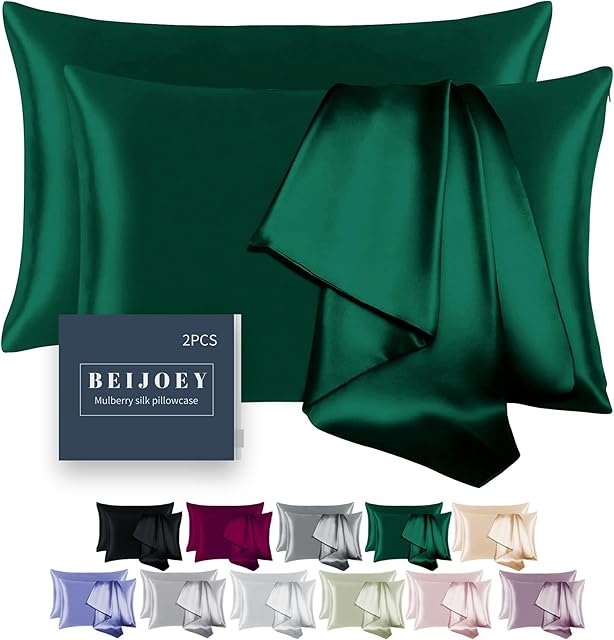 100% Mulberry Silk Pillowcase 2 Pack for Hair and Skin,with Hidden Zipper,Both Sides 19 Momme 600 Thread Count Natural Silk Pillow Cover,Soft Breathable Smooth (Dark Green, Standard 20''x26'')