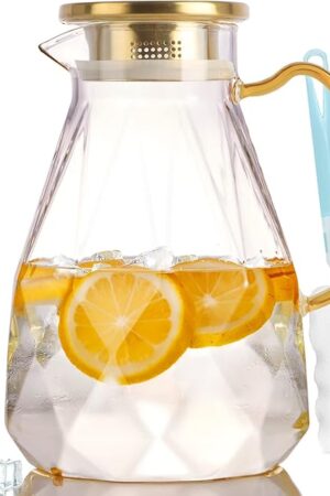 Yirilan Glass Pitcher,74oz/2.2 Liter Water Pitcher with Lid,Beverage Serveware,Iced Tea Pitcher,Water Carafe Handle,Heat Resistant Borosilicate Jug๏ผwith Mixing Spoon and Cup Brush๏ผ