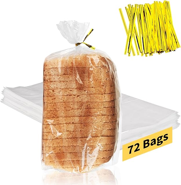 Bread Bags with Ties, 72 Pack Clear Bread Bags for Homemade Bread and 100 Ties, Adjustable Reusable Plastic Bread Bags, Bread Loaf Bags for Home Bakers and Bakery Owners