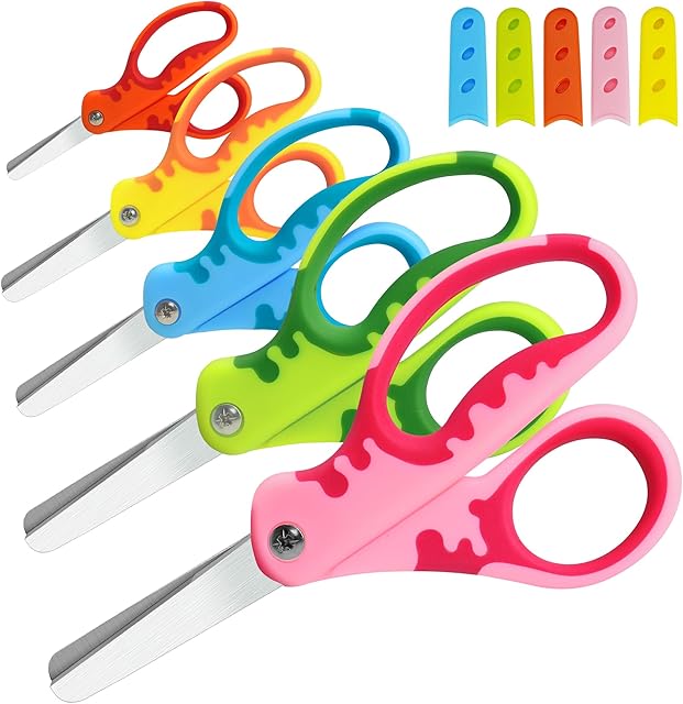 The Kids Scissors,5" Toddler Scissors with Cover,Student Blunt Tip Scissors with Comfort Grip,Safety for School Craft Cutting Paper(5 Pack)