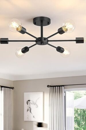 6-Lights Semi Flush Mount Ceiling Light Modern Sputnik Matte Black
