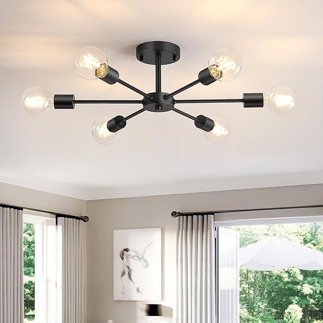 6-Lights Semi Flush Mount Ceiling Light Modern Sputnik Matte Black