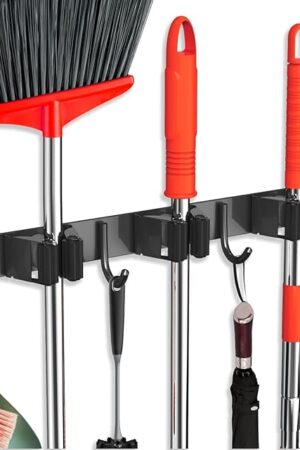 Wall Mount Mop and Broom Holder, Stainless Steel 3Racks Black