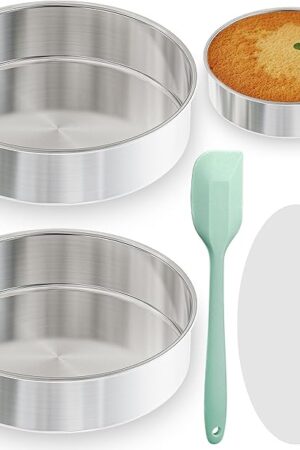9½ Inch Round Cake Pan Set of 2, Nonstick Circle Stainless Steel Layer Cake Pans 9½ Inch Round with 100PCS Parchment Paper, Baking Pan Set for Birthday Christmas, Silicone Spatula & Dishwasher Safe
