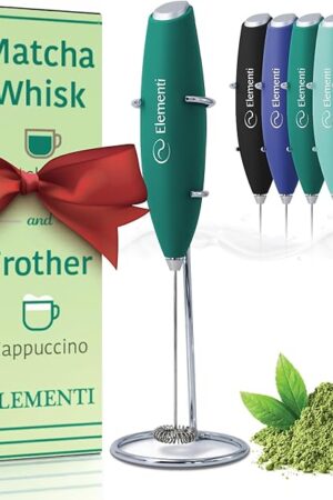 Elementi Matcha Whisk & Frother Set - Powerful Electric Matcha Mixer, Easy to Use Macha Whisk Kit - Craft Effortless Lattes with the Elementi Milk Frother Wand (Emerald Green)