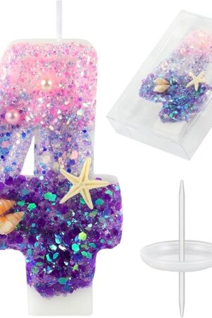 Birthday Candles, Pink and Purple Number 4 Candles Decorated with Conchs Starfish and Pearls for Mermaid Theme Party Cake Topper Supplies (Number 4)