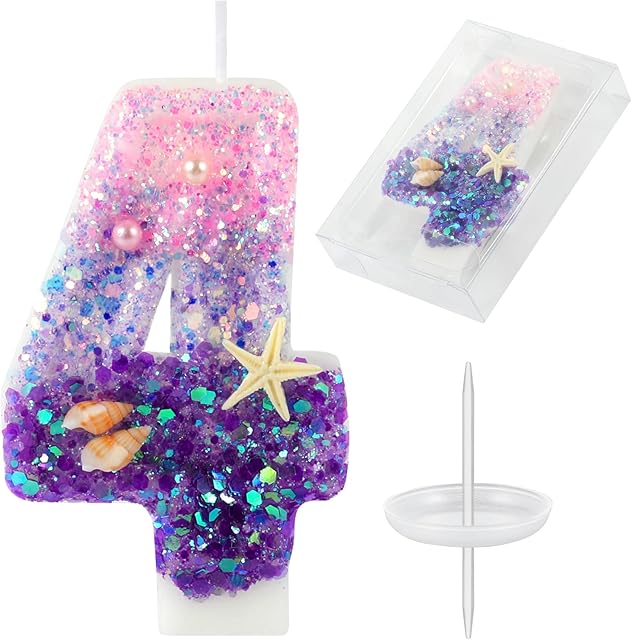 Birthday Candles, Pink and Purple Number 4 Candles Decorated with Conchs Starfish and Pearls for Mermaid Theme Party Cake Topper Supplies (Number 4)