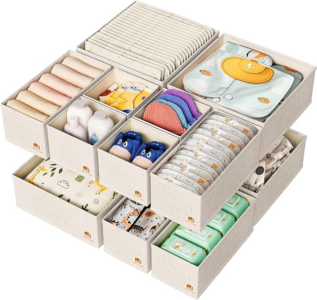 Linen Drawer Organizers for Nursery, Dresser & Closet (12-Pack) – Sturdy, Collapsible Nursery & Dresser Dividers for Baby Clothes, Socks, Underwear & Essentials – Multi-Size Set, Beige