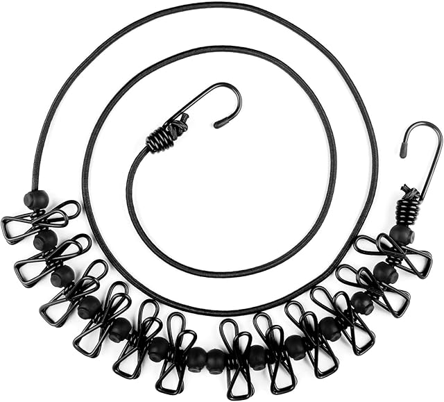Clothesline Camping Essentials, Portable Retractable Clothesline with 12pcs Clothespins Outdoor Camping Accessories Travel and RV Essentials, Black