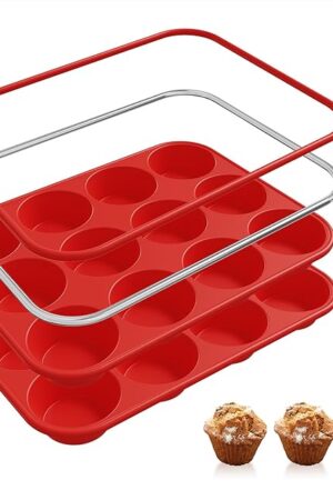 2 Pack 12 Cups Silicone Muffin Pan with Metal Reinforced Frame Regular Size Silicone Molds Cupcake Cake Baking Pans Cookie Baking Chocoflan Cupcake Mold Nonstick Muffin Tin Home Baking Supplies