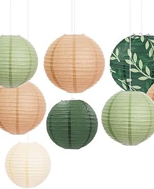 AOBKIAT Party Decorations Paper Lanterns Set,12PCS Sage Green Brown Chinese Japanese Hanging Paper Lantern for Green Boho Wedding,Birthday,Baby Shower,Bridal Showers,Neutral Party Decor