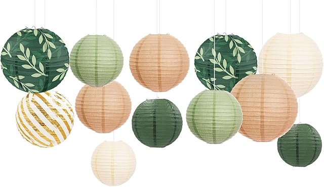 AOBKIAT Party Decorations Paper Lanterns Set,12PCS Sage Green Brown Chinese Japanese Hanging Paper Lantern for Green Boho Wedding,Birthday,Baby Shower,Bridal Showers,Neutral Party Decor