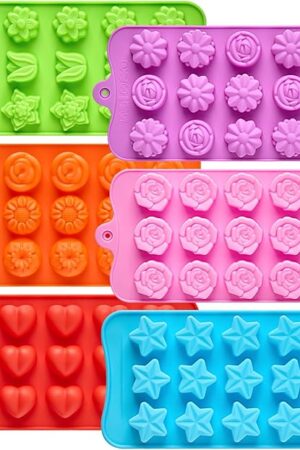 6 Pcs Flower Silicone Chocolate Molds Set, 15-Cavity Rose Heart Star Candy Mold Different Shapes Silicone Molds for Chocolate, Candy, Ice Cube, Butter, Jello