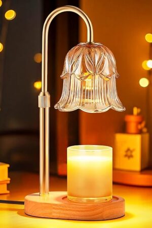 Candle Warmer Lamp Adjustable Timer - Electric Flower Glass Candles Warmers Adjustable Height Dimmable Vintage Base Modern Wax Candles Top Warmers for Small Jar Scented Wax Melts