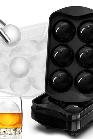Whiskey Ice Ball Maker with Lid and Bin, 1.9" Round Ice Cube Trays for Freezer, Large Sphere Whisky Ices Cubes Tray Circle with Bucket&Tong, Cocktail Bourbon Brandy Scotch(Black-6 Balls*2 Pack)