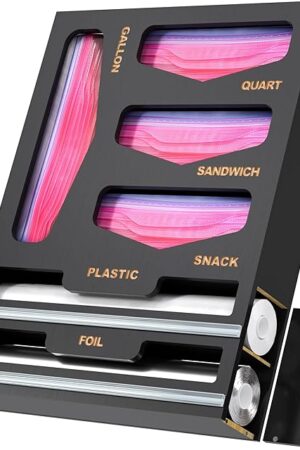 6 in 1 Bag Organizer and Wrap Dispenser with Magnetic Lid - Plastic Wrap Dispenser with Cutter for Kitchen Drawer, Storage for Gallon, Quart, Sandwich, Snack Bags, and Foil Black