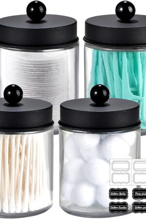 Amolliar 4 Pack Apothecary Jars Bathroom Vanity Storage Organizer Set -Countertop Canister with Stainless Steel Lids &Cute Stickers - Qtip Dispenser Holder for Qtips,Cotton Swabs,Makeup Sponges(Black)