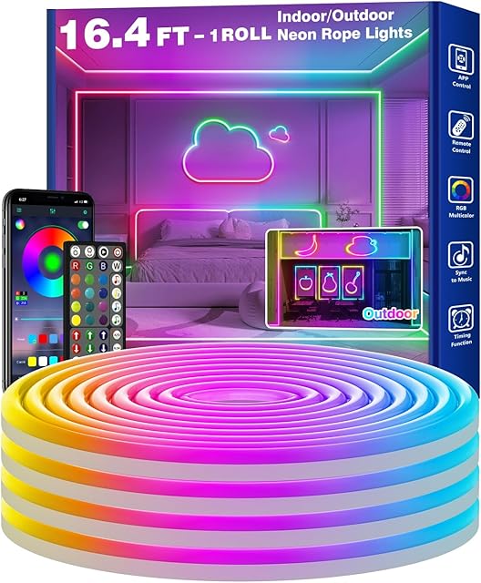 16.4Ft Neon Rope Lights,Flexible Led Rope Lights Control with App/Remote,Multiple Modes Music Sync Gaming RGB Led Neon Lights for Bedroom Outdoor