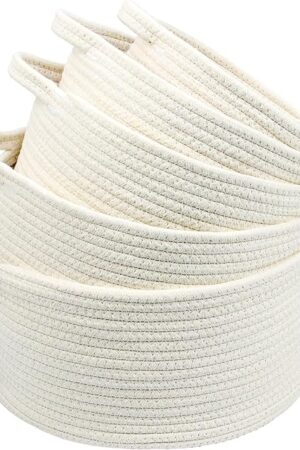 Casaphoria Cotton Rope Storage Baskets Bin Set of 5 Storage Round Organizer Foldable Decorative Woven Basket for Clothes,Sundries,Books,Towels for livingroom,Laundry Hamper,pack of 5, Cream