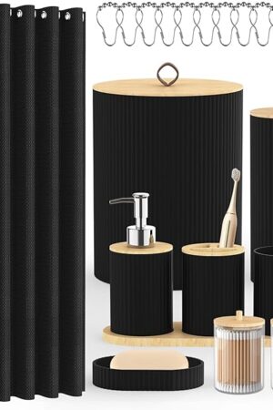 Bathroom Accessories Set - 22PCS Black Bathroom Set with Shower Curtain,Trash Can,Toilet Brush Holder Set & Soap Dispenser – Stylish & Functional Bath Decor for Home, Apartment