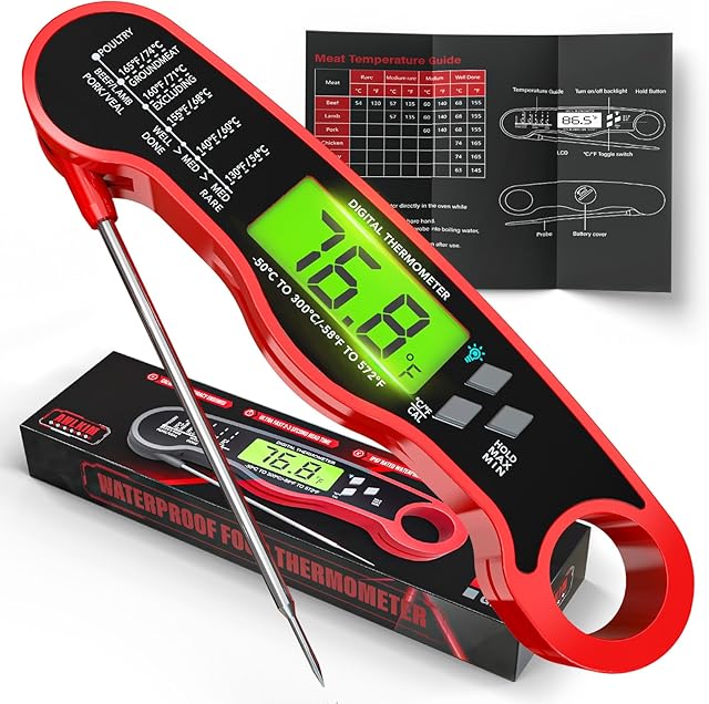 AWLKIM® Meat Thermometer Digital - Instant Read Waterproof Food Thermometer with Backlight for Cooking, Grill, Candy, Kitchen & Stocking Stuffers for Men - Red