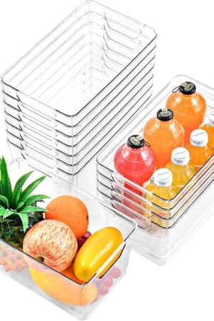 12 Pack Middle Organizers and Storage, Pantry Organization and Storage Bins, Cabinet Organizer, Clear Plastic Storage Containers with Handle，Acrylic Storage Bins for Cabinet, Fridge