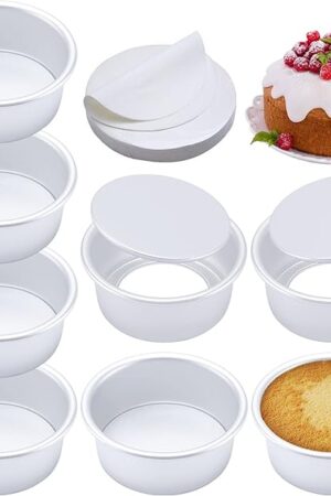 4 Inch Round Cake Pan Set of 8, Nonstick Aluminum Baking Pans with 100 Sheets Parchment Paper, Easy Pop Out Removable Bottom Cake Pans for Mini Cheesecakes, Dessert, Pizzas and Quiches