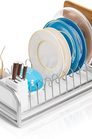Dish Drying Rack Small for Kitchen Counter, 304 Stainless Steel Small Dish Rack w Cutlery Holder, Dish Drainer for Pots & Pans, Cutting Boards, Plates, Serving Trays & Lids (Silvery)