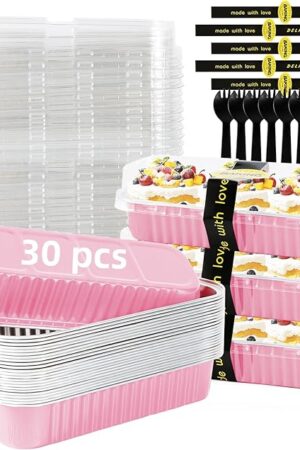 30 Pack Pink Disposable Rectangular Aluminum Foil Loaf Pans with Lids,6.8oz Mini Cake Pans for Baking, Loaf Baking Pans, Small Cake Container